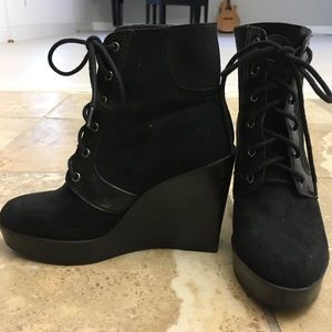 Zara Trafaluc Black Suede Lace-up Wedge Booties